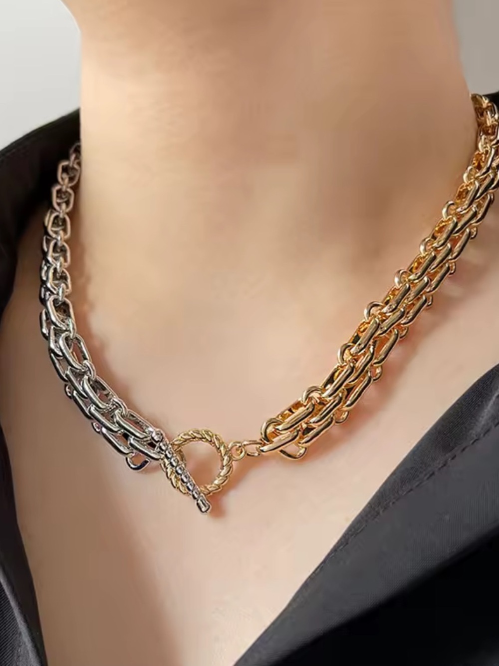 Luxury Two Tone Chain Necklace Bracelet Set